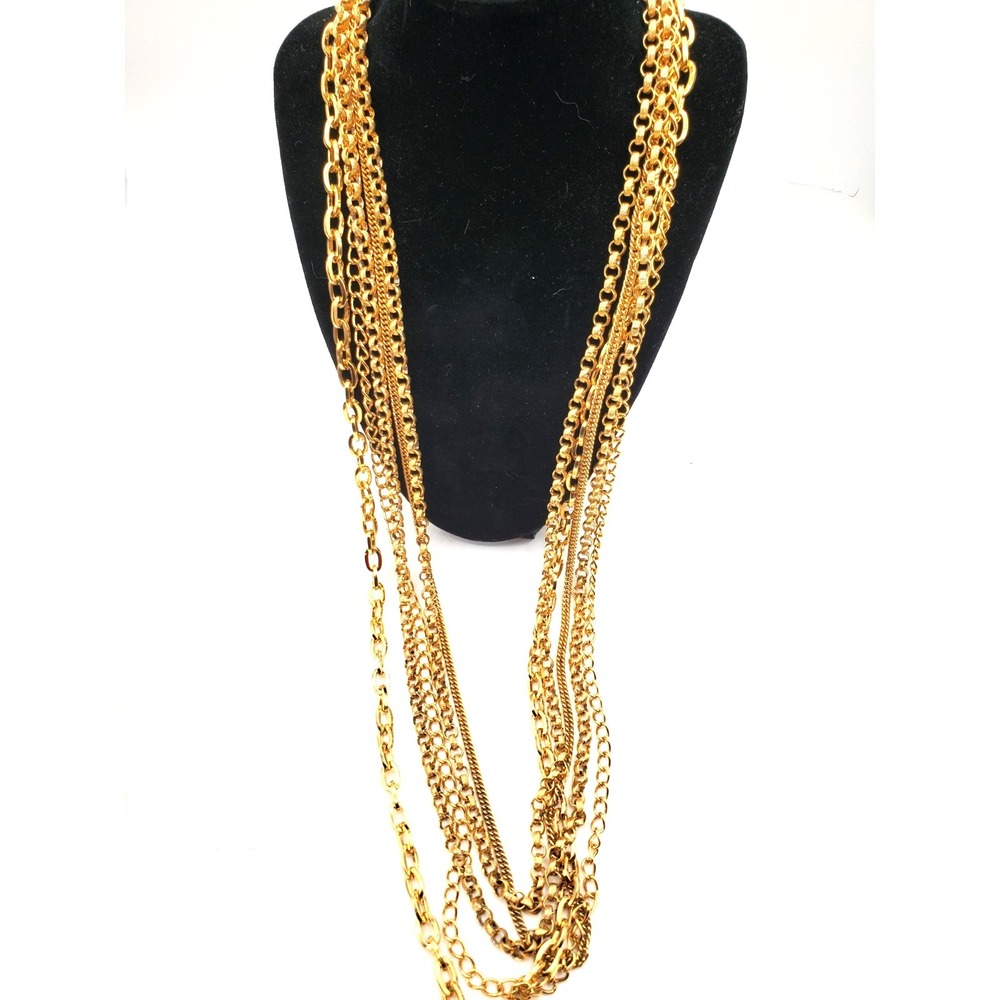 Gold Tone 5 Strand Multi Chain Statement Necklace 38" Layered Necklace